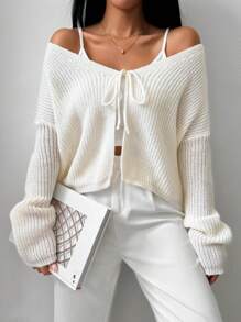 SHEIN LUNE Áo Cardigan buộc nơ phía trước dạng rộng trong suốt dành cho nữ, áo dài tay - trắng - Xem 1