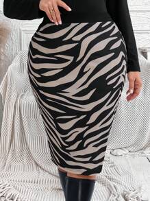 EMERY ROSE Plus Size Women Zebra Printed Slim Fit Elegant Pencil Fall Skirt - Black - View 4