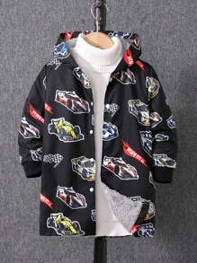 Young Boy Cool Race Car & Letter Graphic Print Thermal Lined Hooded Long Jacket For Fall/Winter, Suitable For Pairing With T-Shirt Or Sweatshirt, Comfortable, Warm And Fashionable Kids Boys Coat