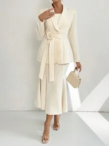 Modelyn Women's Solid Color Long Sleeve Blazer And Sleeveless Dress Elegant 2-Piece Set 2 Piece Set - Apricot - View 5