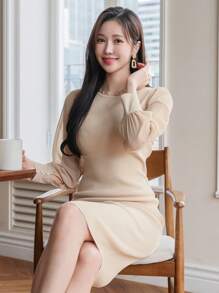 DAZY 女士优雅拼布长袖毛衣裙，适合春秋季节 - 杏色 - 查看 1