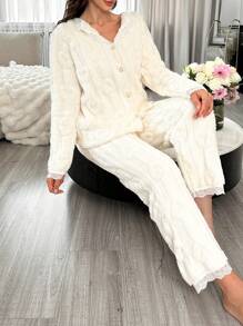 Women's Lace Fleece V-Neck Long Sleeve Top And Straight Casual Pants Pajama Set