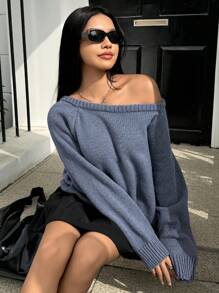 Muchica Solid Raglan Sleeve Sweater,Long Sleeve Tops In Fall/Winter - Blue - View 3