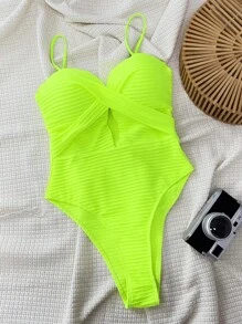 Swim SXY 纯色细肩带简约镂空连体泳衣，无线夏季 - 黃色 - 查看 5