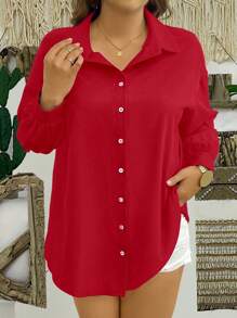Camisa de manga larga de unicolor informal de talla grande para ropa de Año Nuevo, blusas de talla grande sencillas, blusa roja para mujer, blusas de mujer de manga larga, blusa roja para mujeres