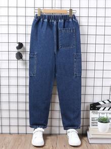 Quần jeans denim xanh đậm dáng rộng nhiều túi thường ngày dáng rộng hình nón cho bé trai tuổi mới lớn - Rửa tối - Xem 2