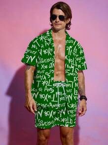 Manfinity Men's Floral Print Front Open Shirt And Drawstring Pocket Casual Shorts 2 Pieces Beach Outfit
