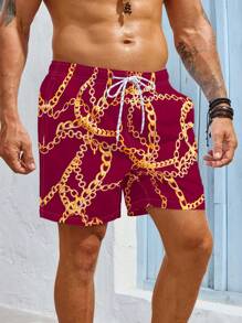 Surfspeed Men's Holiday Chain Print Drawstring Waist Loose Beach Shorts - Multicolor - View 3
