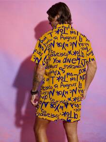 Surfspeed 2pcs Men's All-Over Print Button Front Short Sleeve Shirt & Drawstring Waist Pocket Shorts Beach Outfit - Multicolor - View 2