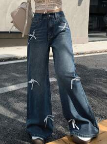 DAZY Quần denim nữ có nơ trang trí thông thường - Màu xanh lam - Xem 1