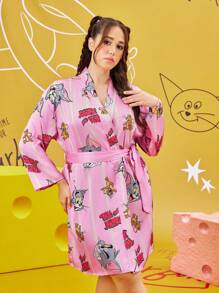 TOM & JERRY X SHEIN Plus Size Striped And Cartoon Graphic Pink Drop Shoulder Belted Robe