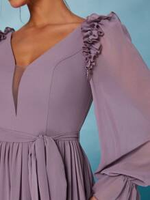 Women's Frill Trim Lantern Sleeve Chiffon Maxi Dress - Dusty Purple - View 6