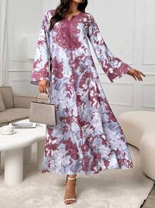 Al Najma Women's Vintage Print Long Sleeve Arabian Dress Kaftan Jalabiya Dress