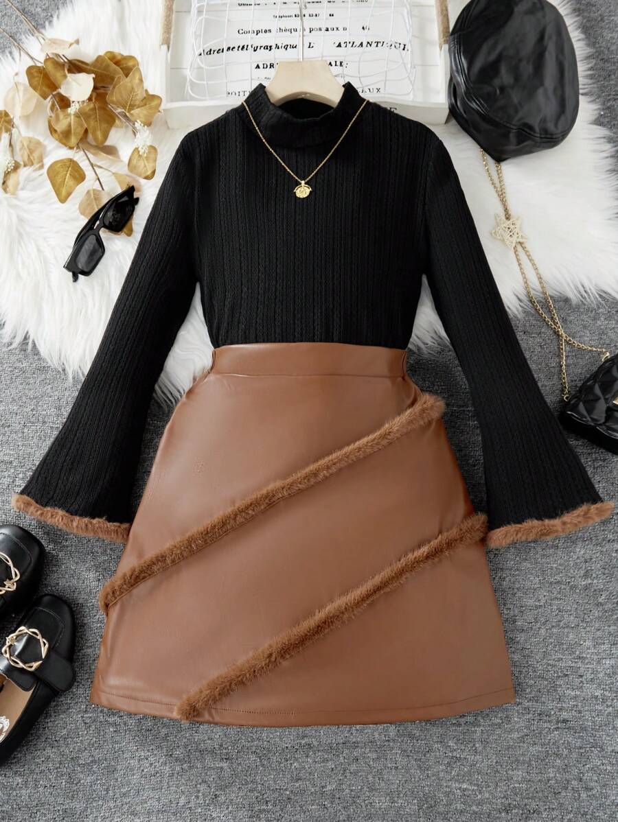 Sparklyn 青少年女孩长袖喇叭袖上衣和时尚磨边裙 2 件套 - 摩卡棕 - 查看 1