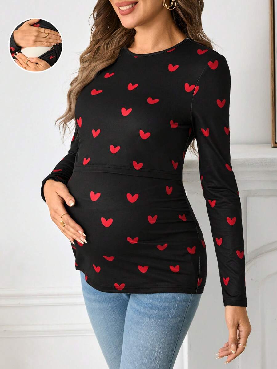 SHEIN 孕妇情人节黑色修身哺乳 T 恤 - 黑色 - 查看 1
