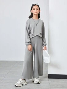 2pcs/Set Tween Girl Casual Criss-Cross Hem Long Sleeve T-Shirt And Loose Pants Outfit, School Style - Multicolor - View 5