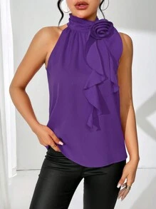 Chiquease Blusa elegante de ajuste ceñido con cuello mao, sin mangas y diseño floral para mujeres - Morado - Ver 4