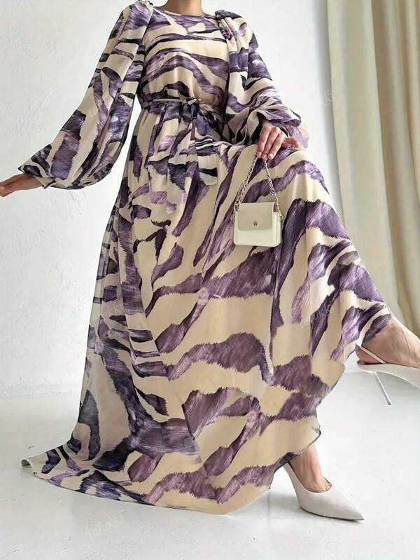 Women's All-Over Print Round Neck Lantern Sleeve Long Elegant Arabic Style Dress, Modest