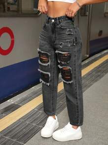 SHEIN PETITE Quần jean denim cơ bản hàng ngày dành cho nữ - Màu Xám nhạt - Xem 1