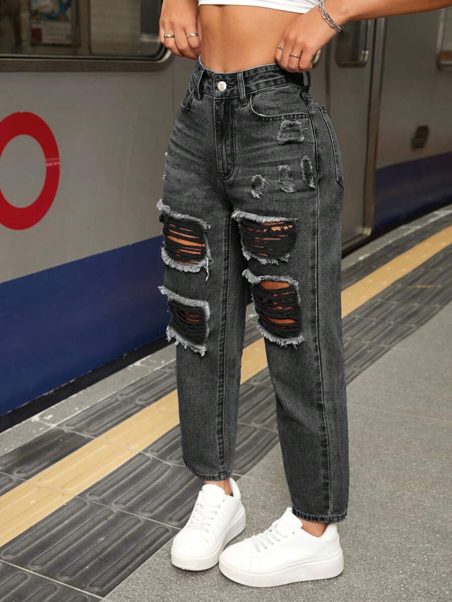 SHEIN PETITE Quần jean denim cơ bản hàng ngày dành cho nữ - Màu Xám nhạt - Xem 1