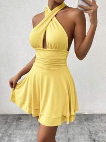 Allurite 夏季性感露背挂脖迷你连衣裙 - 黃色 - 查看 4