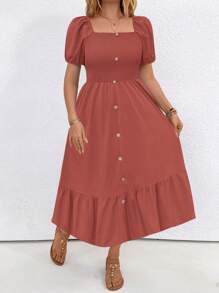 SHEIN LUNE Plus Size Solid Color Square Neck Ruffle Hem Short Sleeve Dress - Orange - View 4