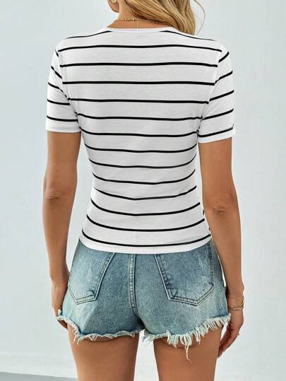 SHEIN Tall Black And White Classic Striped Round Neck Slim Fit Women Short-Sleeved T-Shirt