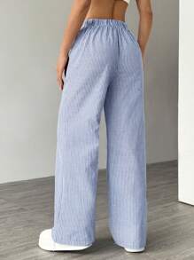 SHEIN Unity 女士宽松系腰阔腿休闲条纹蓝白裤 - 藍白色 - 查看 2