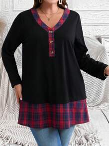 EMERY ROSE Plus Size Plaid Patchwork Front Button V-Neck Long Sleeve Fall Top, Casual Daily Wear - Multicolor - View 5