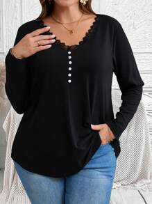 EMERY ROSE 大码秋季 V 领蕾丝拼布长袖 T 恤 - 藏蓝色 - 查看 7