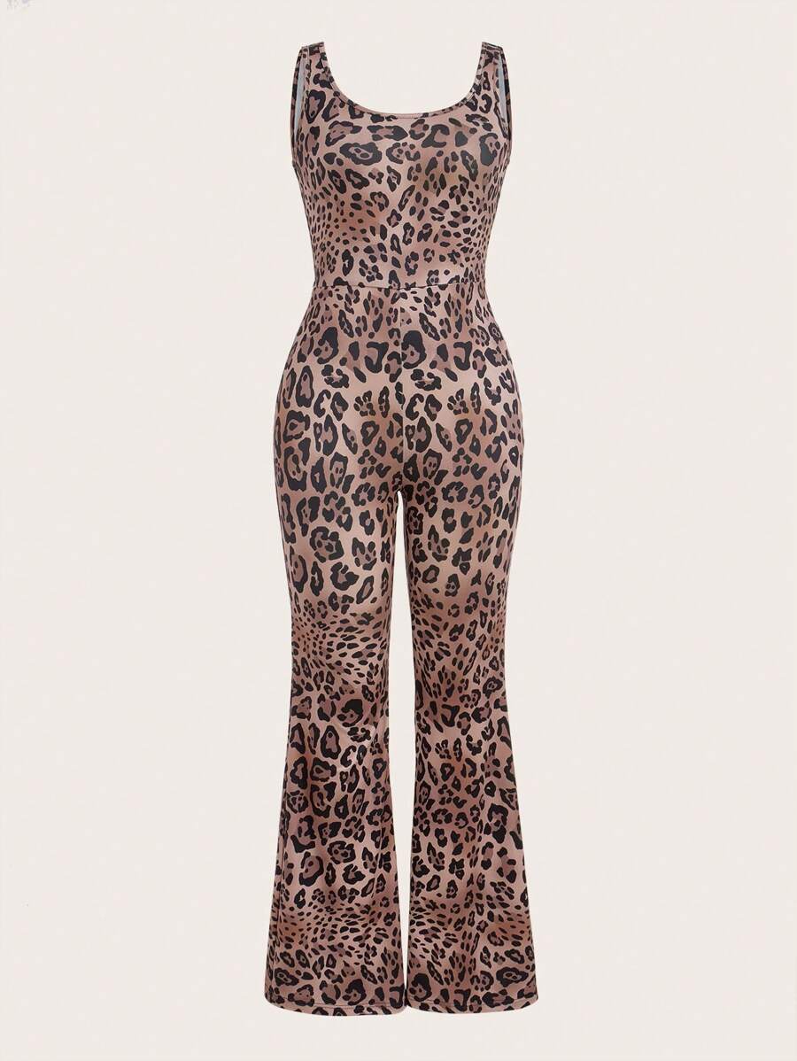 SHEIN Privé Phụ Nữ Thanh Lịch Gợi Cảm Kỳ Nghỉ Thời Trang Vintage Họa Tiết Da Báo Hở Lưng Bodycon Jumpsuit - màu nâu - Xem 1