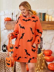 Plus Size Women's Bat Print Hooded Long Sleeve Sweatshirt Pullover Fall Outfit - Multicolor - View 4