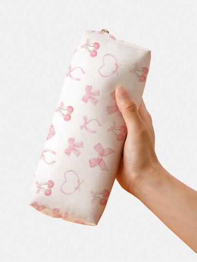 Kawaii Bow Cherry Pattern Double-Sided Printed Pencil Case With Bowknot Decoration, School
