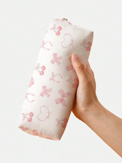 ROMWE Kawaii Bow Cherry Pattern Double-Sided Printed Pencil Case With Bowknot Decoration, School