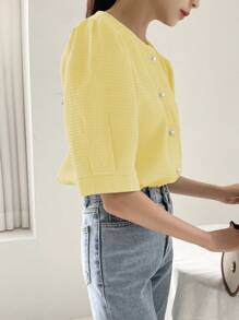 DAZY Women's Round Neck Button Up Half Sleeve Fashion Loose Comfy Soft Yellow Blouse