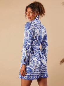 Travachic 女士花卉印花长袖衬衫和休闲短裙，秋季女装 - 藍白色 - 查看 2