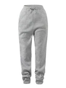 SHEIN Quần dài bó sát cạp rút màu xám, thoải mái, đa năng, dành cho bé gái tuổi teen, ấm áp và dày để mặc hàng ngày - Xám - Xem 2