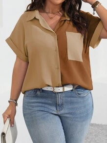 Calvaya Camisa de Manga Curta com Botões e Contraste de Cores para Mulheres Plus Size Simples - Castanho - Visão 1
