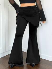 SHEIN ICON ICON Plus Drawstring Side Ruched Flare Leg Pants - Black - View 2