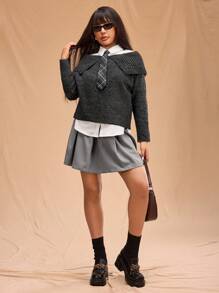 Forever 21 大码撞色翻领休闲长袖毛衣 - 深灰色 - 查看 1