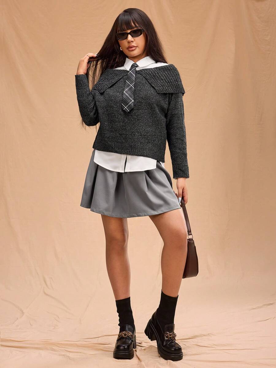 Forever 21 大码撞色翻领休闲长袖毛衣 - 深灰色 - 查看 1