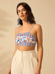 CAJUNI Women Selenipedium And Azalea Prints Boho Vacation Casual Summer Micro Crop Tank Top - Multicolor - View 3