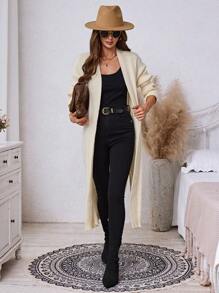 SHEIN LUNE Women's Autumn/Winter Long Split Ivory Cardigan Sweater - White - View 4