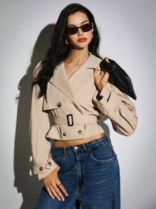 Poéselle Abrigo corto de gabardina caqui para mujeres, de doble botonadura y corte cruzado. Abrigo de gabardina informal para otoño/invierno, prendas básicas de otoño, ropa de negocios casuales, abrigo suelto