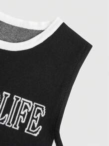 ROMWE MEN Street Life 男士圆领拼色字母印花毛衣背心，学校 - 黑色 - 查看 4