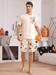 Casual Men's Pumpkin Print Crewneck Short Sleeve T-Shirt And Shorts Sleepwear Set, Halloween - Apricot - View 6