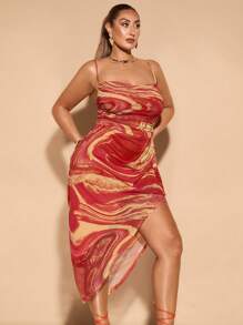 SHEIN BAE Plus Size Women's Color Rub Print Elegant Party Strap Draped Midi Dress