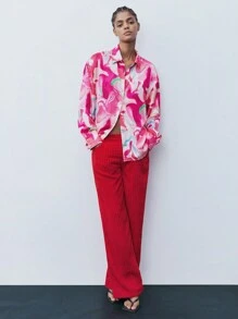 Maija Women's Floral Print Button Front Long Sleeve Shirt, Casual Daily Wear