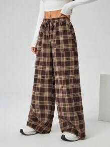 SHEIN PETITE 女式秋冬编织格子口袋阔腿裤