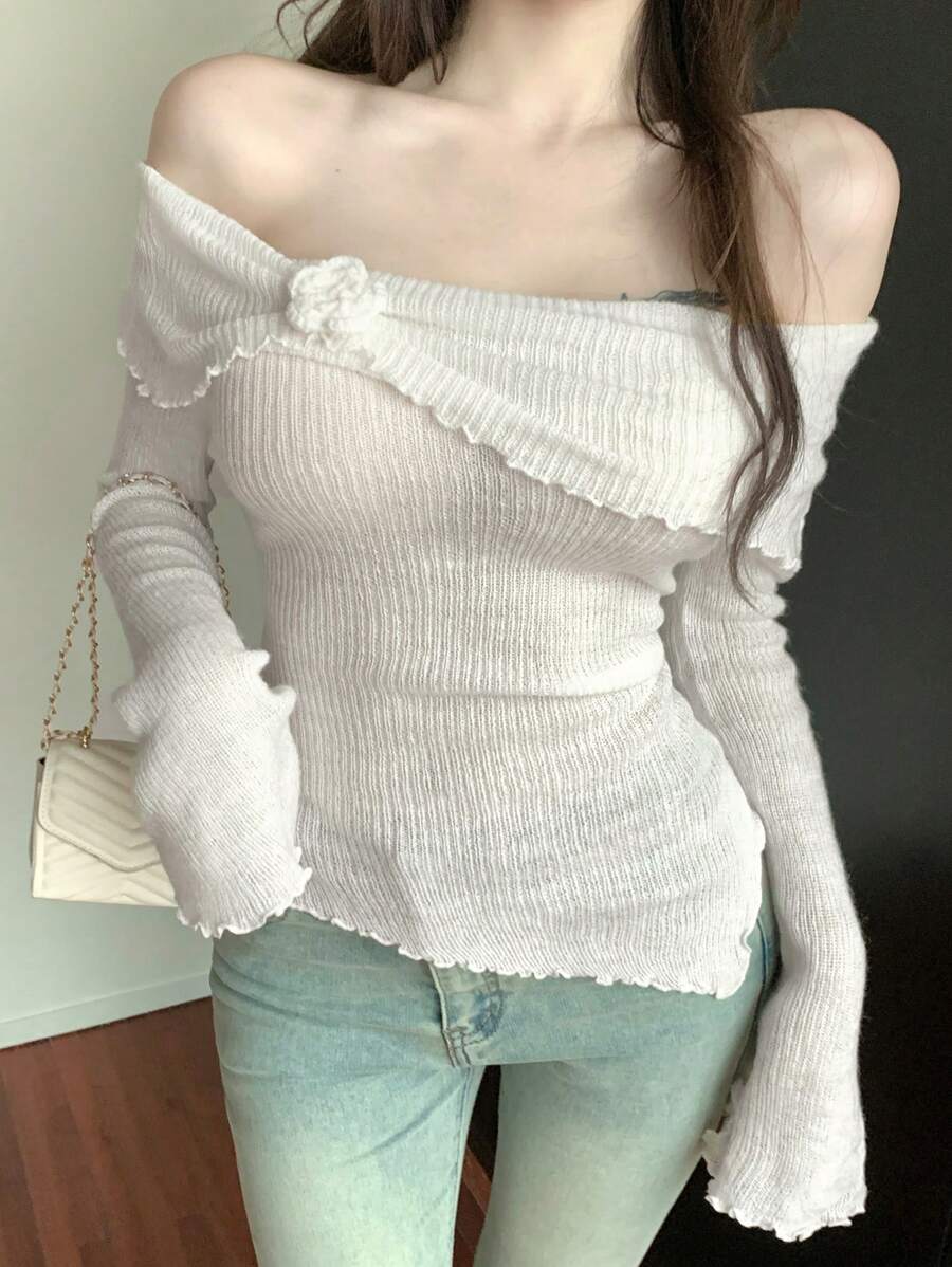 DAZY Women's Asymmetric Off-Shoulder Long Sleeve Floral Pattern Sweater,Fall Clothes Cute Tops - Beige - View 1